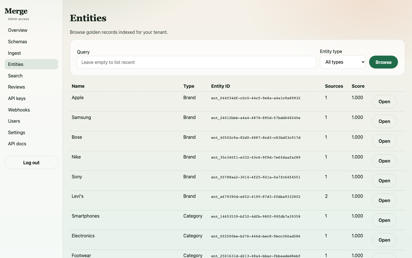 Entity list showing all ingested records across types