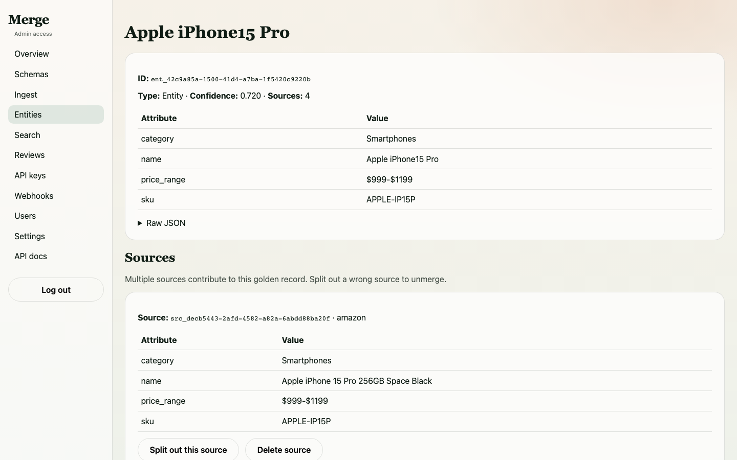 iPhone entity detail showing 4 merged source records from different marketplaces