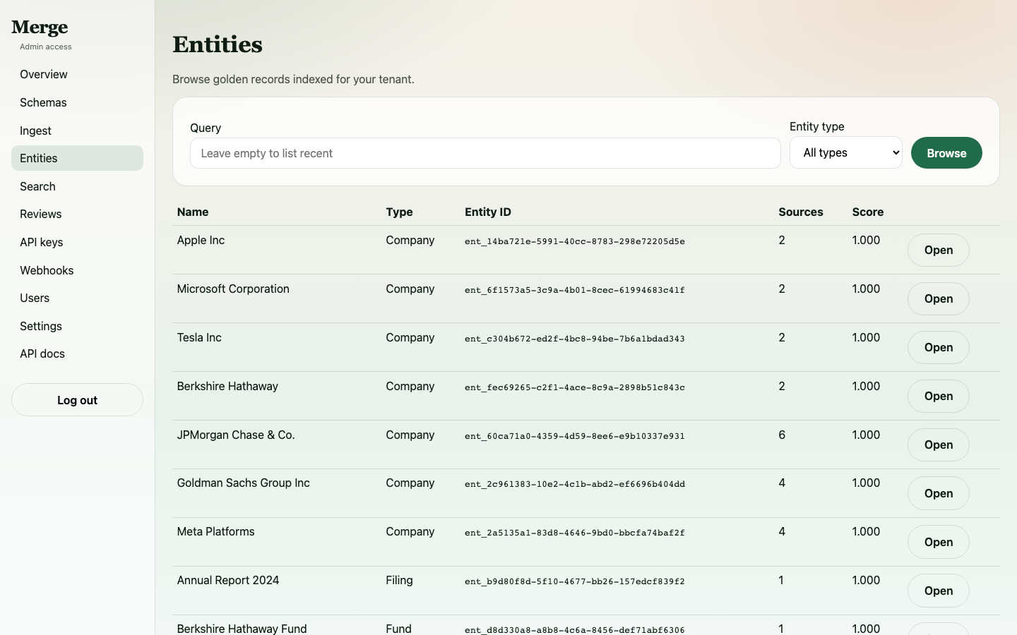 Entity list showing all ingested records across multiple types