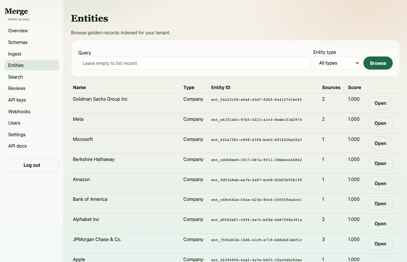 Entities list showing ingested records