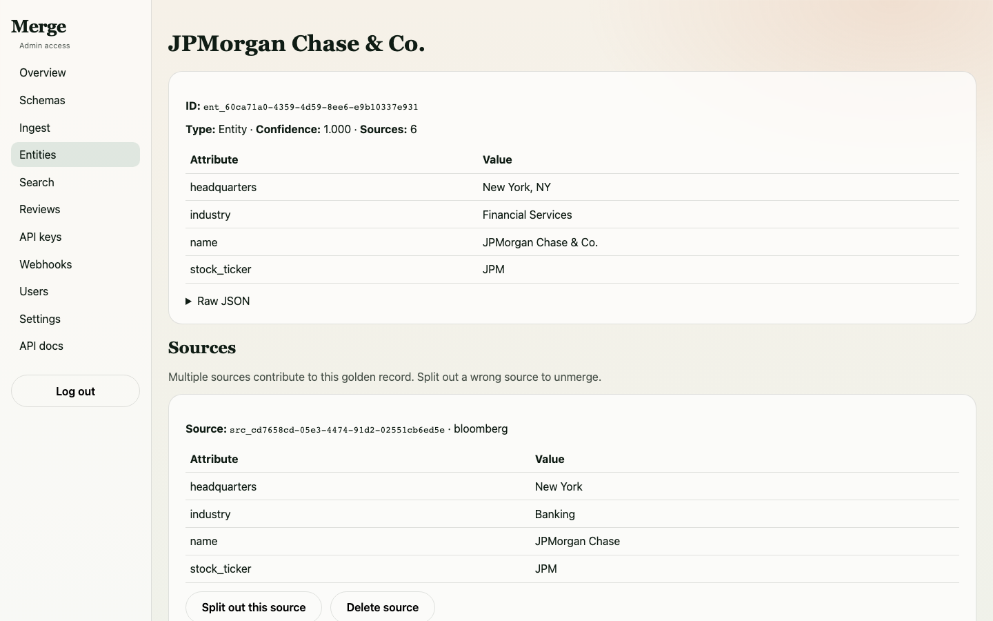 JPMorgan entity detail showing merged sources from bloomberg, reuters, and sec