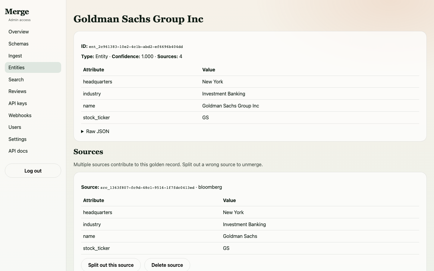 Goldman Sachs entity showing 2 sources after AI auto-merge