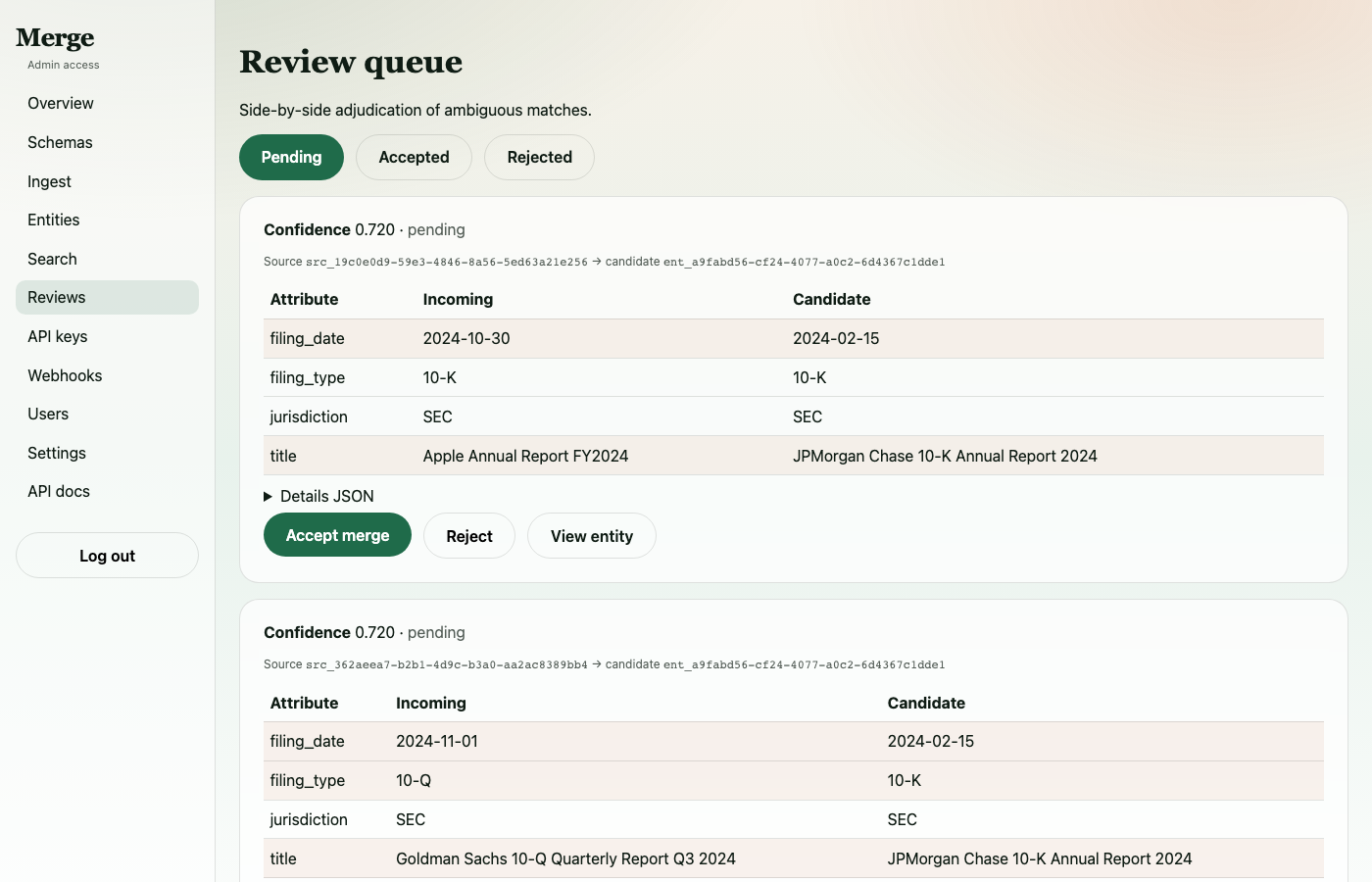 Review queue showing pending merge decisions
