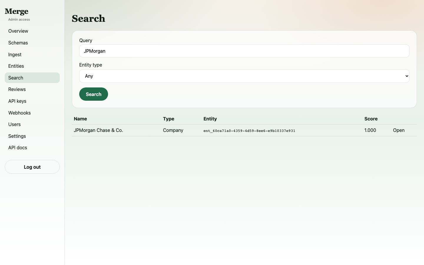 Search results for "JPMorgan" showing the unified golden entity