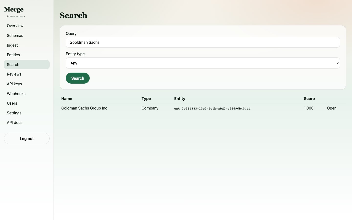 Search results for "Gooldman Sachs" (typo) correctly finding Goldman Sachs