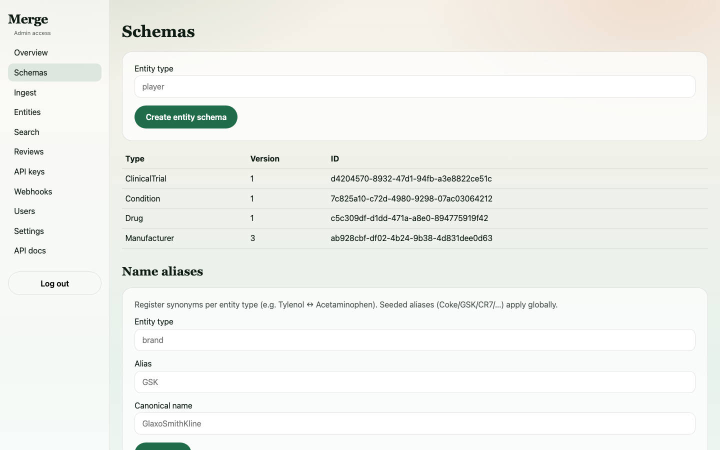 Schemas page showing Drug, Manufacturer (with identity), Condition, and ClinicalTrial types