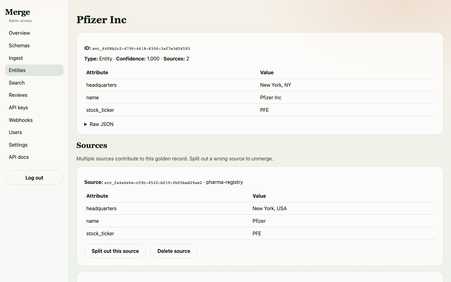 Pfizer entity detail showing merged sources from pharma-registry and sec-filings