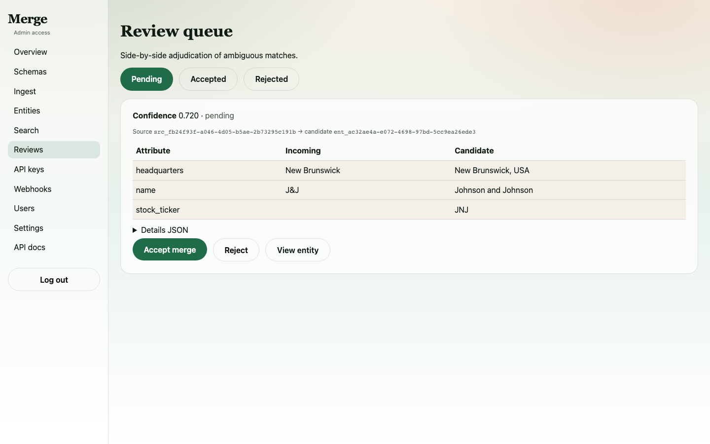 Reviews page showing the J&J pending review with comparison details and confidence scoring