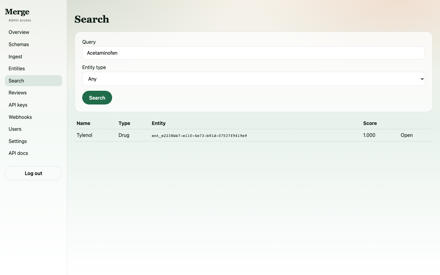 Search results for misspelled "Acetaminofen" correctly returning the Tylenol entity