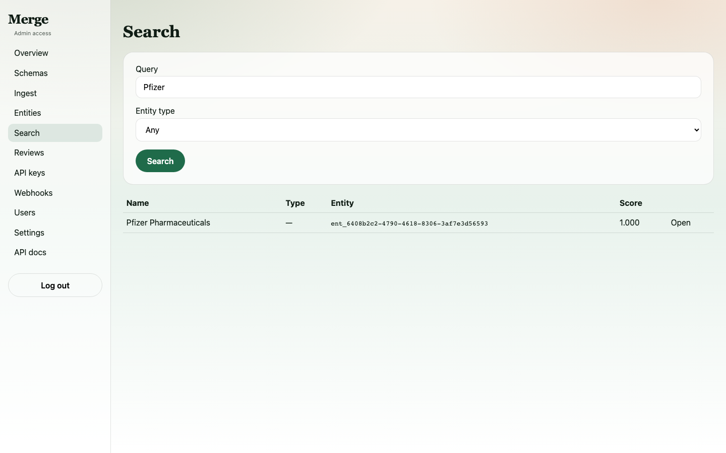 Search results for "Pfizer" showing the unified entity with 3 merged sources