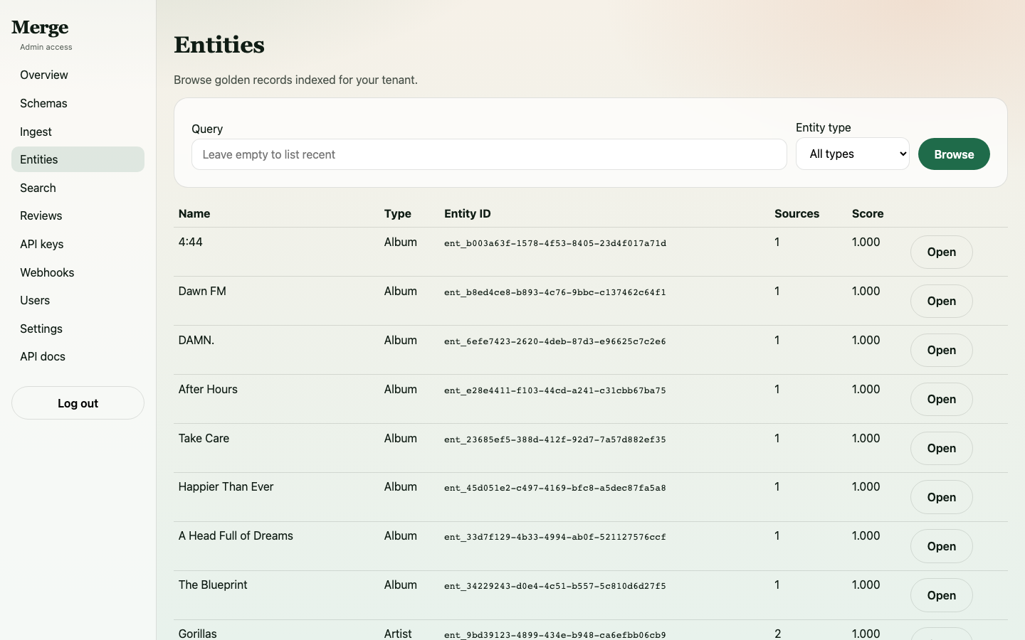 Entity list showing all ingested artists, albums, labels, and venues