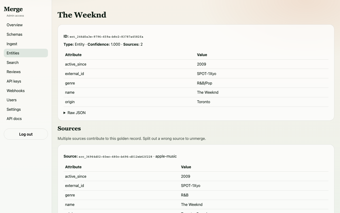The Weeknd entity showing 2 merged sources from Spotify and Apple Music