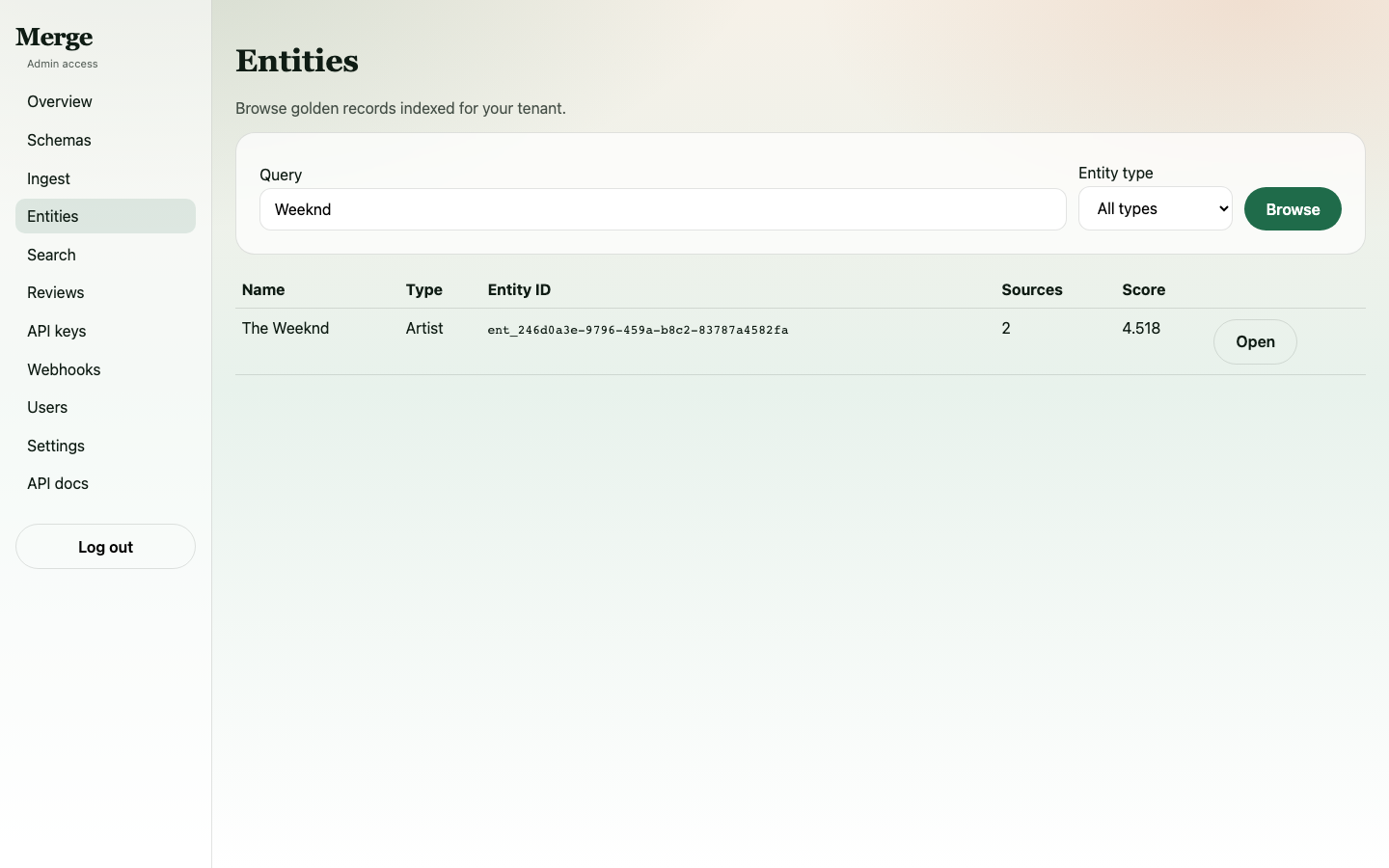 Search results for "Weeknd" showing the unified entity with 2 sources