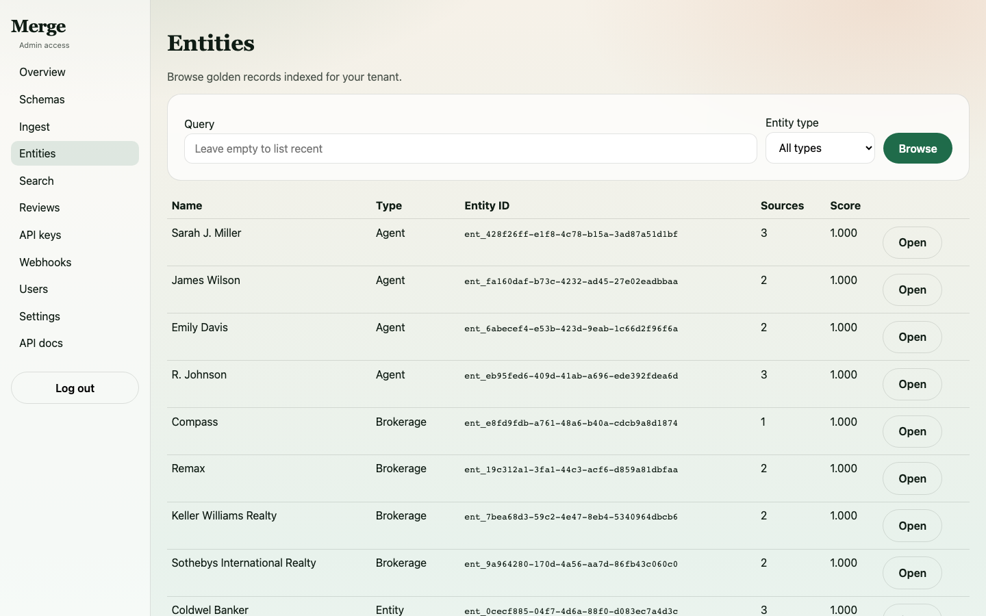 Entity list showing all ingested and resolved records