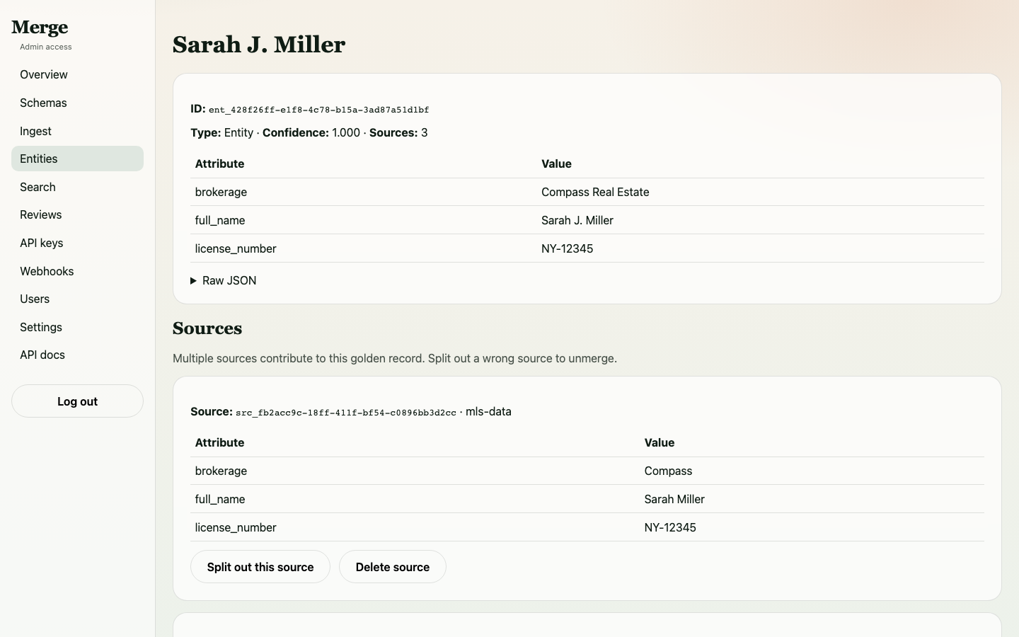 Sarah Miller entity showing 3 merged source records from different systems