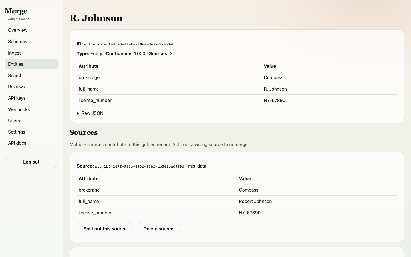 Robert Johnson entity showing merged sources including abbreviated name