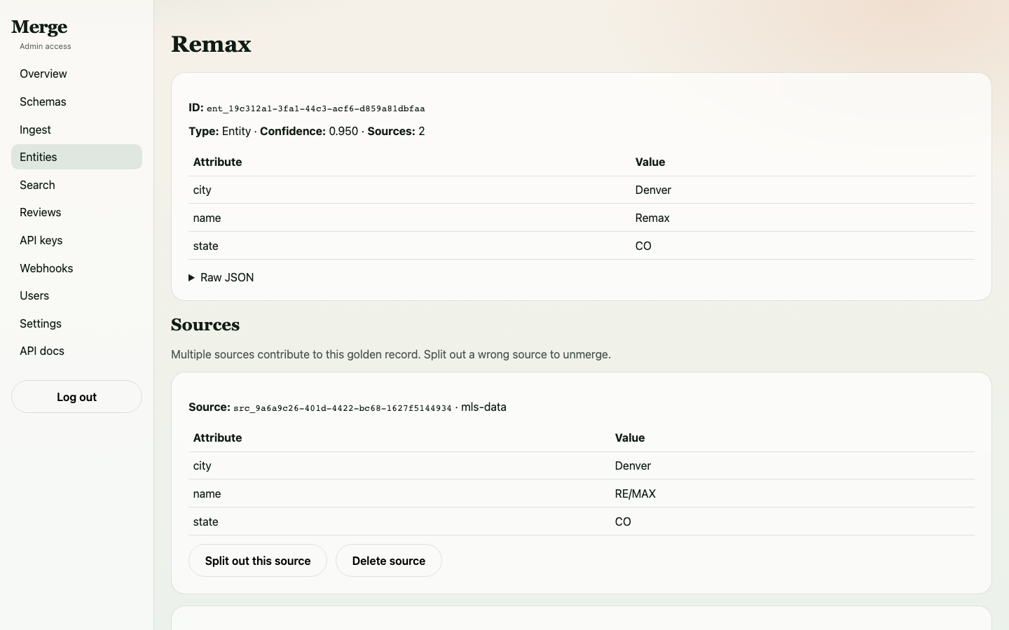 RE/MAX entity showing merged sources: "RE/MAX" and "Remax" unified