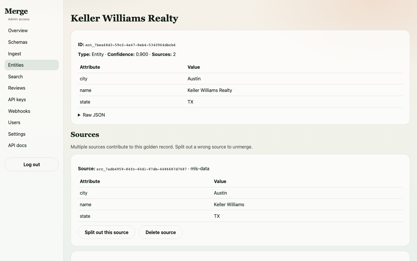 Keller Williams merged entity showing 2 sources from different systems