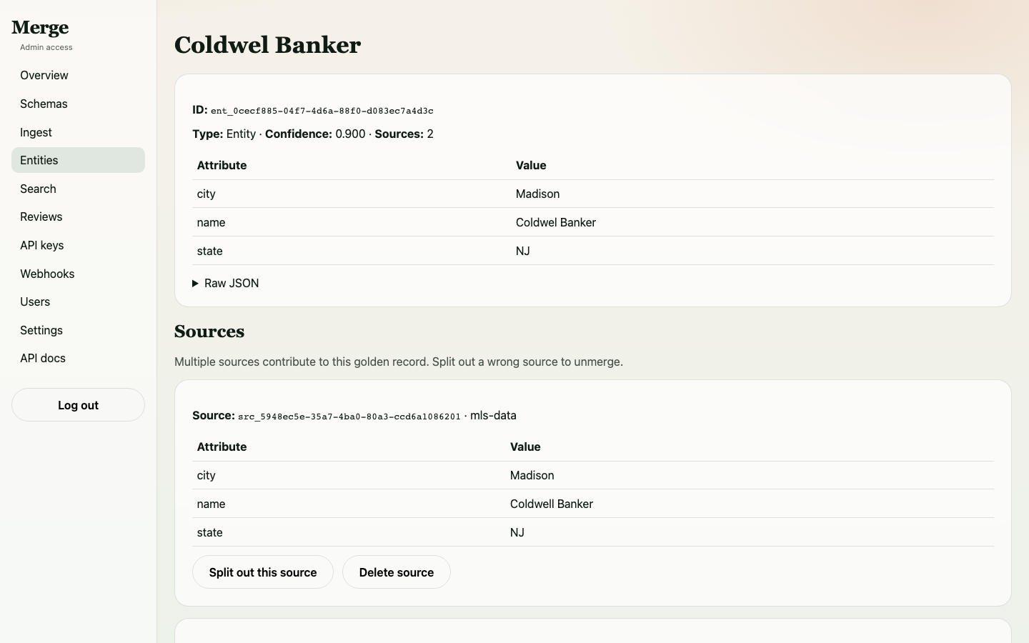 Coldwell Banker entity showing 3 sources after force merge