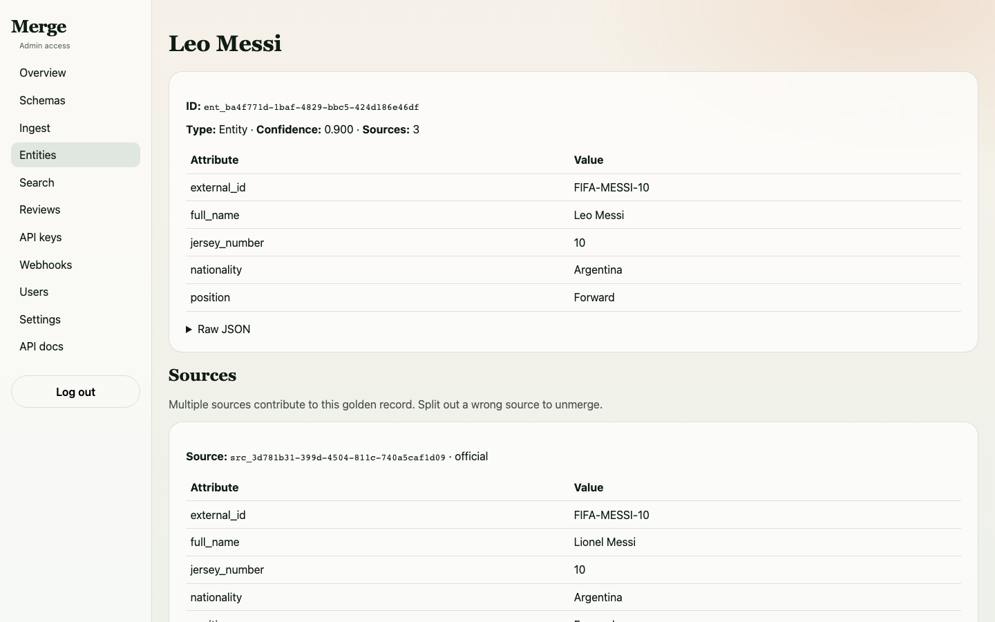 Messi entity detail showing 4 merged source records