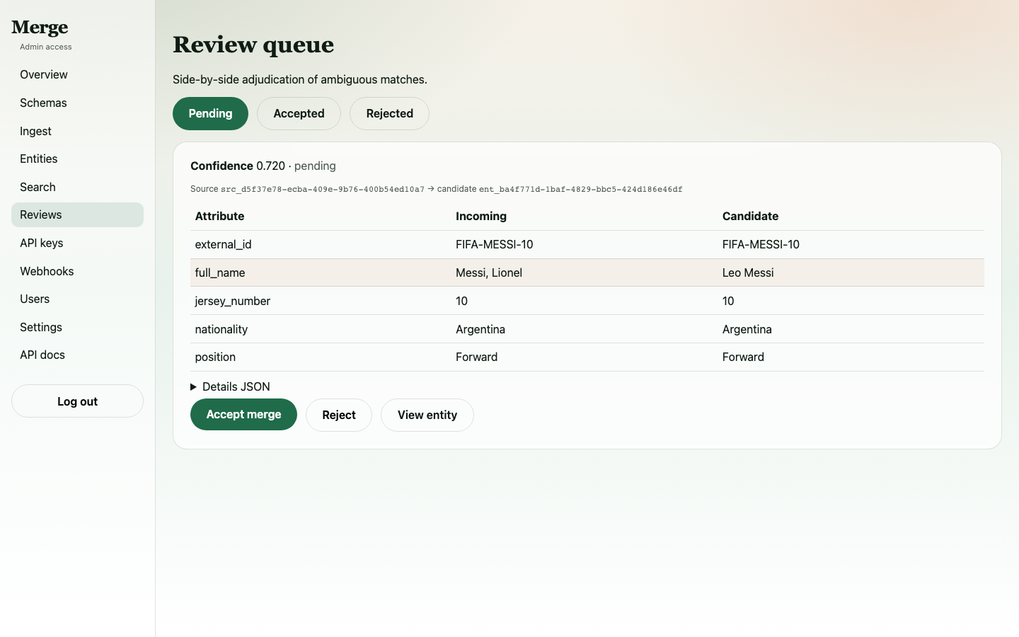 Pending review showing the Messi surname-first format case